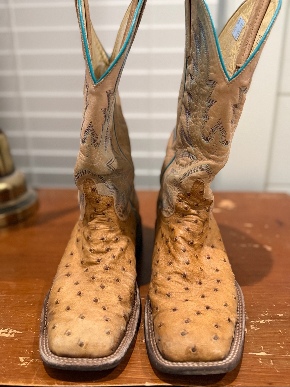 Macie Bean ladies Tan Ostrich Leather Western Cowboy Boots with Turquoise Trim 7